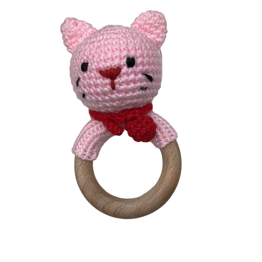 Hand Crotchet Animal and Beechwood Ring - Katie Kitty