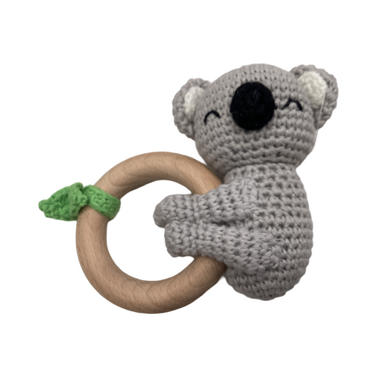 Hand Crotchet Animal and Beechwood Ring - Kelly Koala