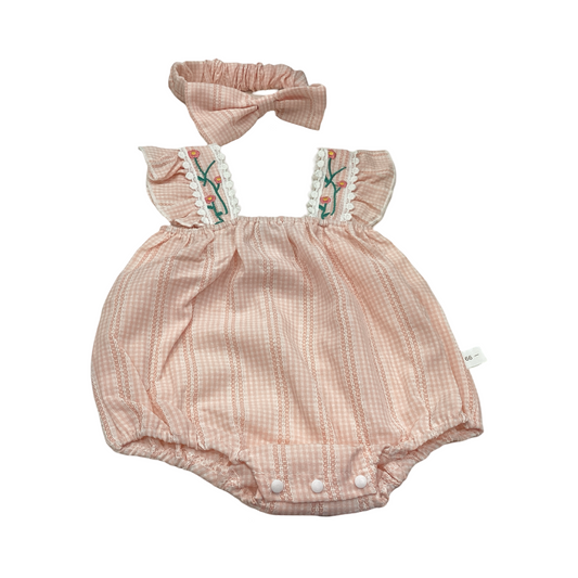 Kids and Bubs Things Embroidered Cotton Romper Pink With Headband