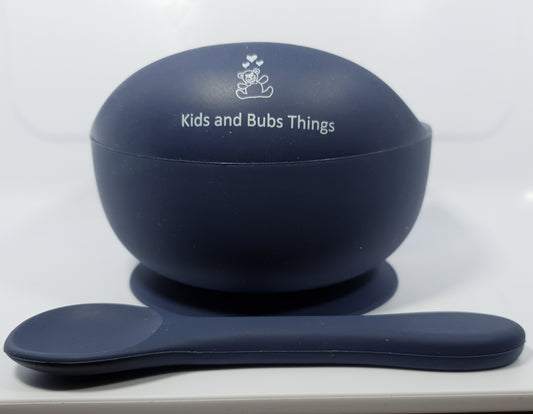 Navy Blue Soft Silicone Suction Bowl With Spoon