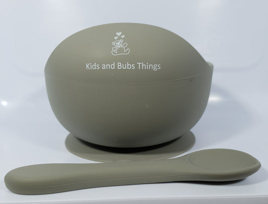 Sage Green Soft Silicone Suction Bowl With Spoon