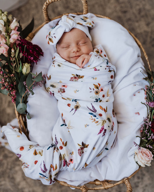 BOHO POSY - BABY JERSEY WRAP & TOPKNOT SET