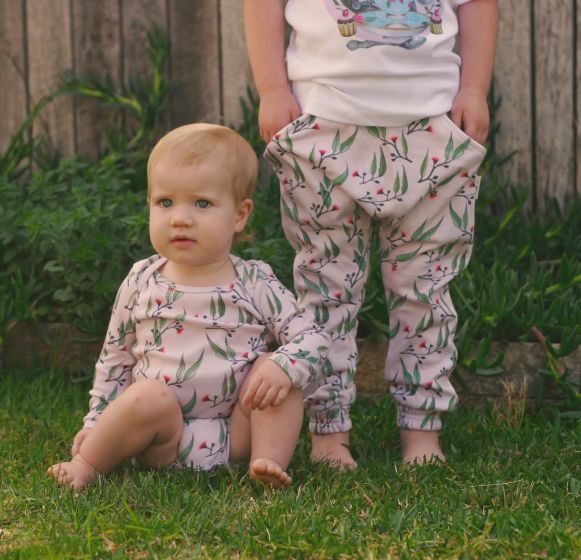 Play Pants- Organic Cotton Play Pants - "Blossoms" Australian Made