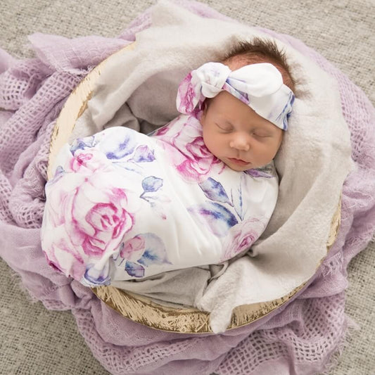 LILAC SKIES - SNUGGLE HUNNY KIDS BABY JERSEY WRAP & TOPKNOT SET