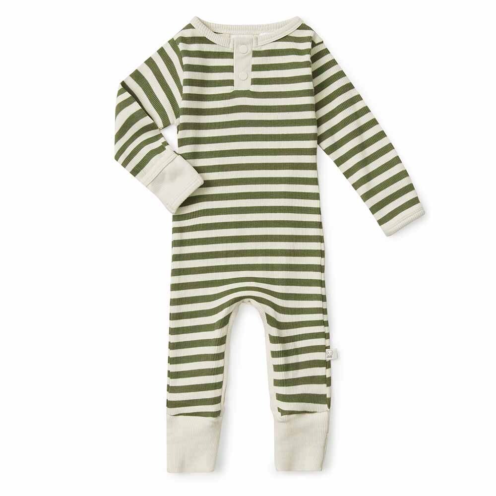 SNUGGLE HUNNY OLIVE STRIPE  LONG SLEEVE ORGANIC GROWSUIT WITH FRILL