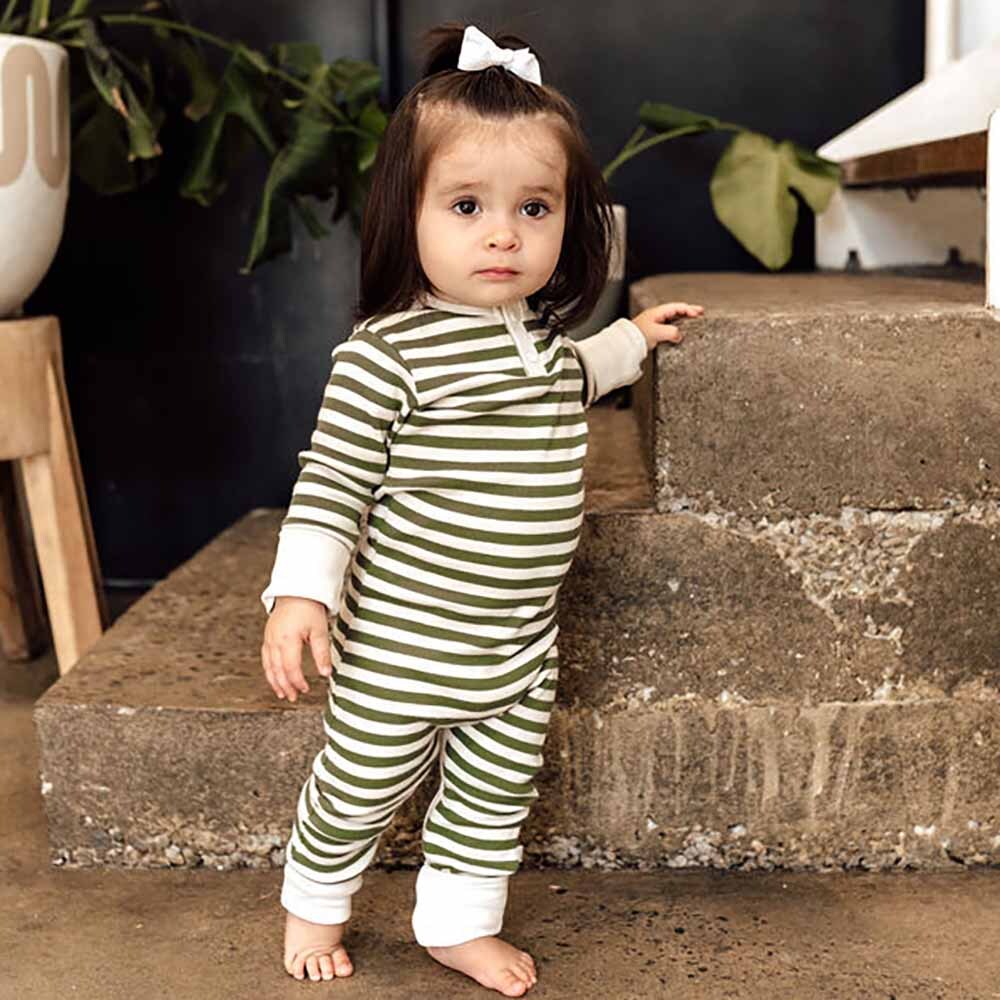 SNUGGLE HUNNY OLIVE STRIPE  LONG SLEEVE ORGANIC GROWSUIT WITH FRILL