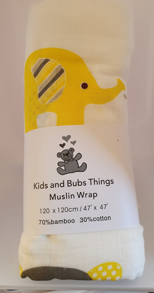 Yellow Elephant - Bamboo/Cotton Muslin Wrap - Kids and Bubs Things