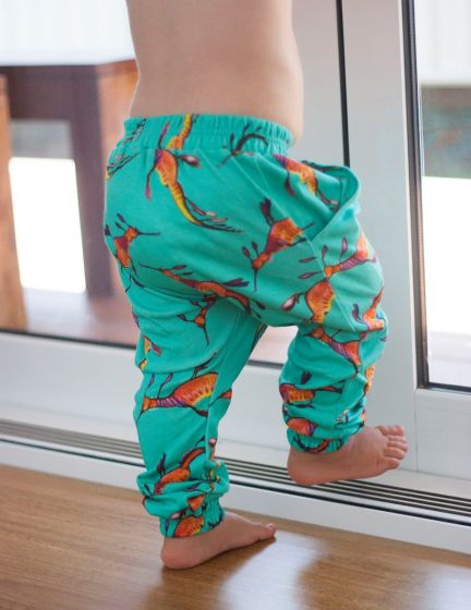 Play Pants- Organic Cotton Play Pants - "Weedy Sea Dragon" Australian Made